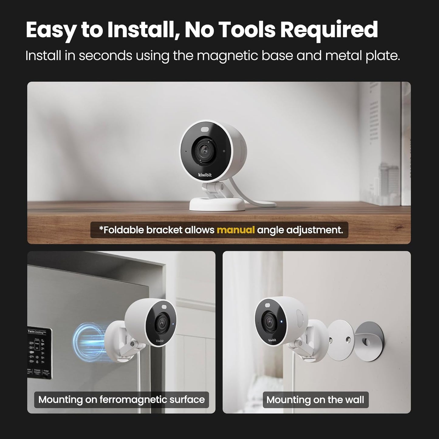 Kiwibit 2K 10FT Security Camera Indoor/Outdoor, Pet Camera, Baby Monitor, Magnetic Mount, AI Detection, Color Night