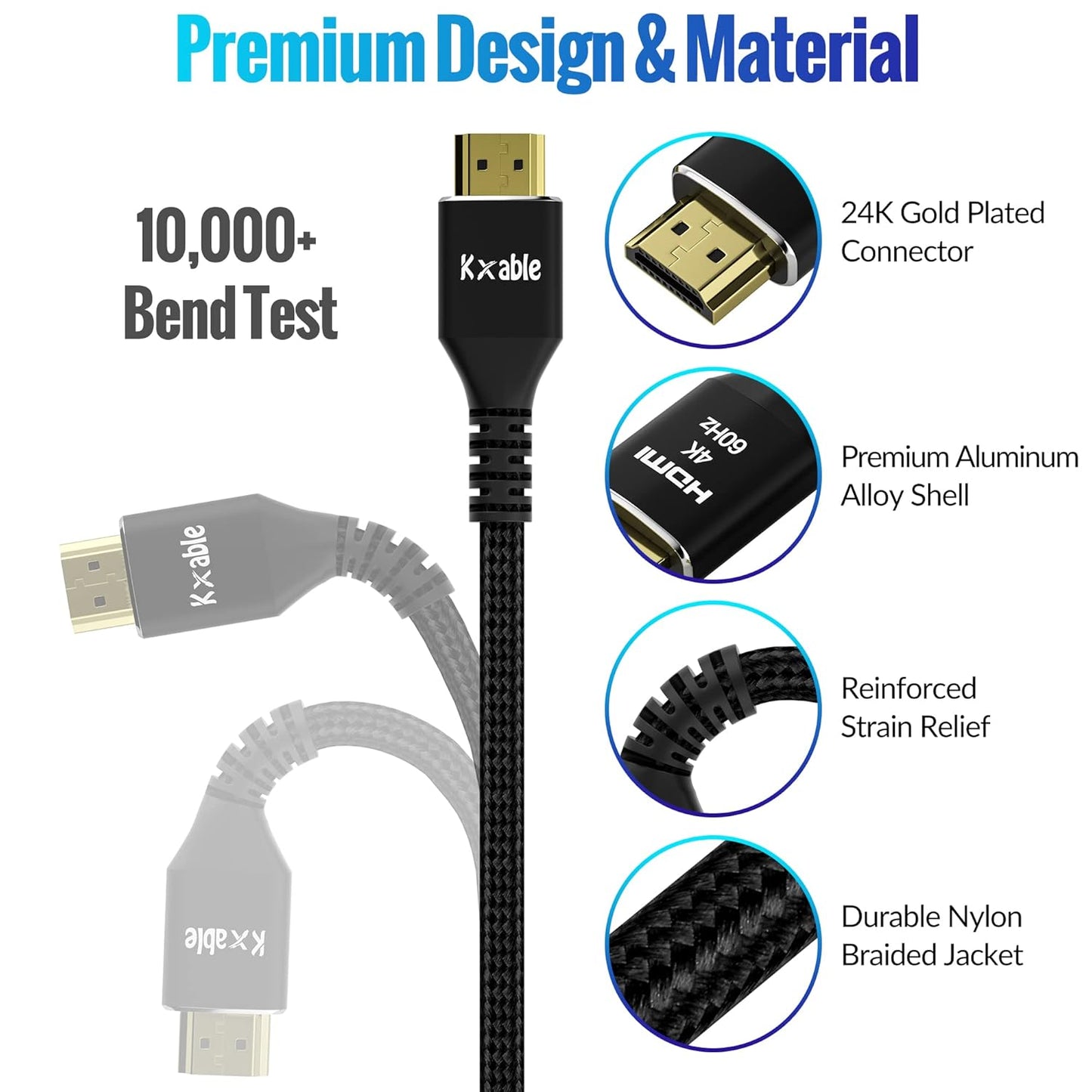 4K 4 (3 Pack), 2.0 4K 60Hz, 2K,1080P, 2.2, PS5, HDMI Cable Feet Ultra HD HDMI Cable, Nylon Braided & Gold-Plated