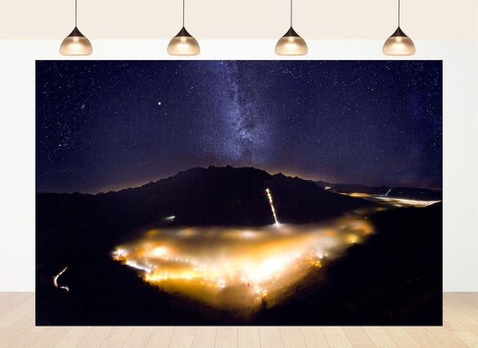 LidyMini 8x8ft Fabric Alpine Valley Starry Night Backdrop Milky Way Foggy Town Lights Photography Background Mountain