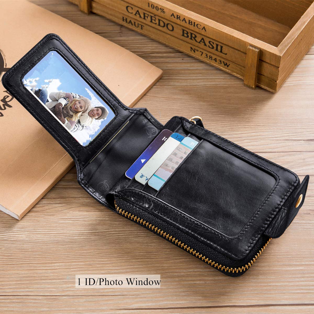 BULLCAPTAIN Genuine Leather Wallet for Men Large Capacity ID Window Card Case with Zip Coin Pocket QB-231 (Black)