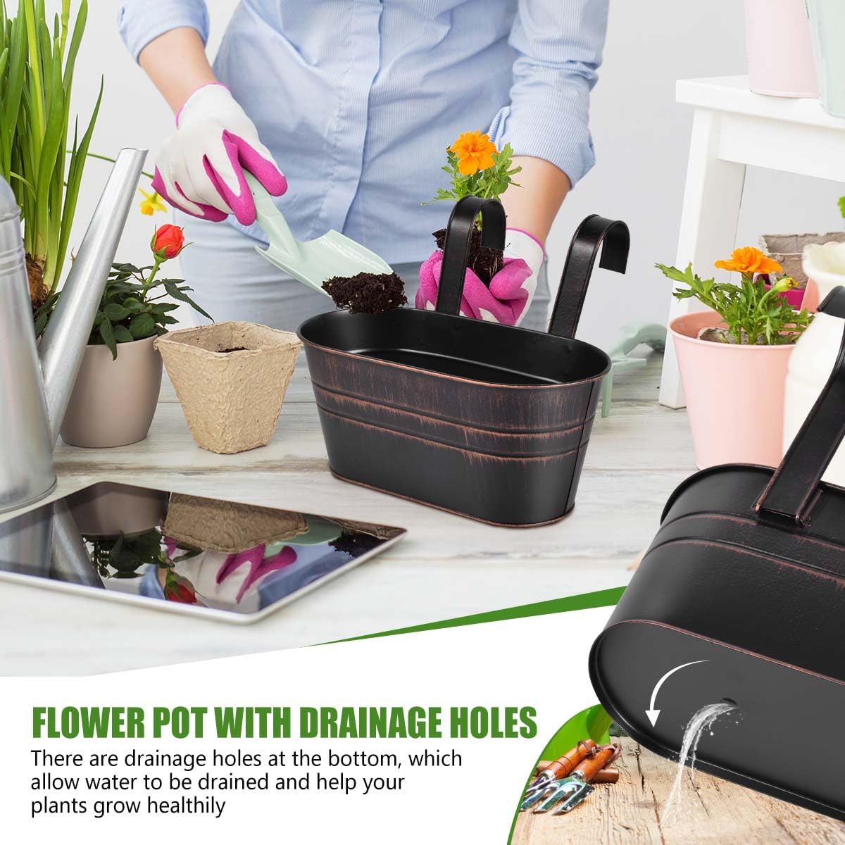 OBTANIM 4 Pack Metal Hanging Flower Pots Iron Railing Planter Outdoor Fence Hanging Pots Bucket Plant Holder with Detachable Hooks Drain Holes for Home Garden Yard Decor (Black)