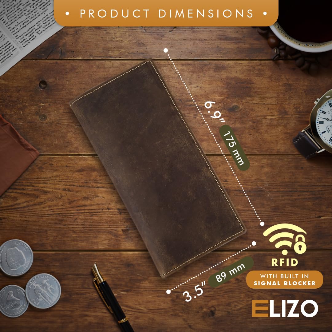 ELIZO Men's Genuine Leather Long Wallet - RFID Blocking Rodeo Checkbook Wallet | Slim Western Bifold Wallet with 16 Card Slots, ID Window | Top Grain Leather Cowboy Wallet