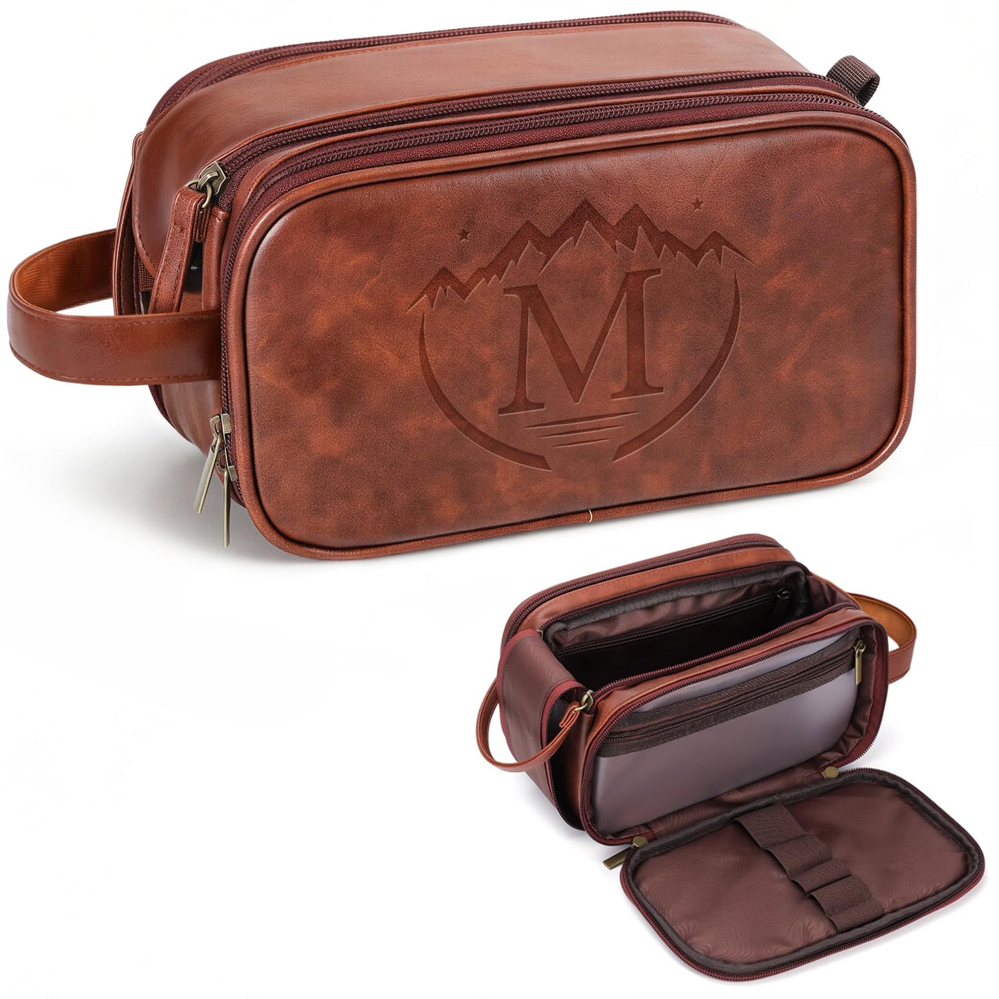 Personalized Travel Toiletry Bag for Men, Father Day Gifts, Engraved Initials Waterproof PU Leather Toiletry Bag, Large Capacity Portable Shaving Bag, Unique Birthday Gift for Men Dad Husband Him,M