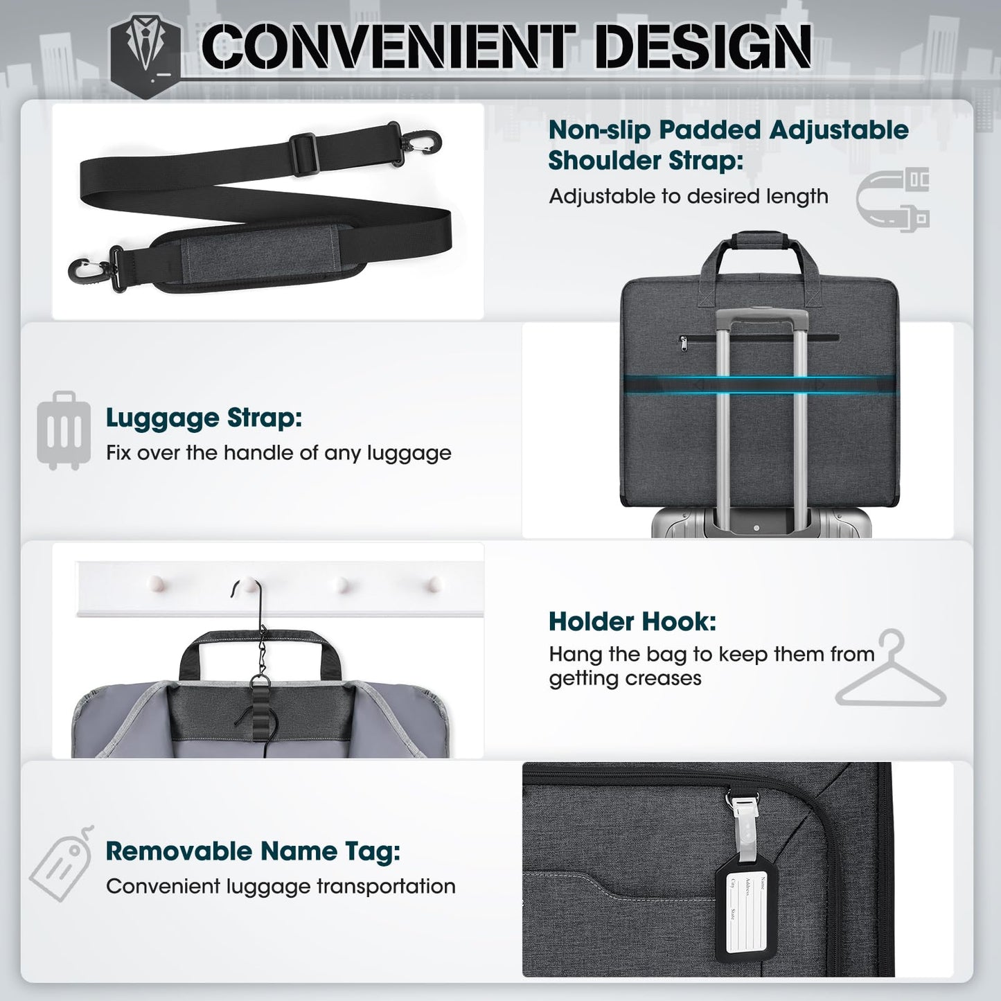 RAINSMORE Garment Bags for Travel Carry On Garment Bag for Hanging Clothes, Suit Bag for Business Trips with Shoes bag & Shoulder Strap, Waterproof Foldable Suit Luggage Bag for Men Women, Gray