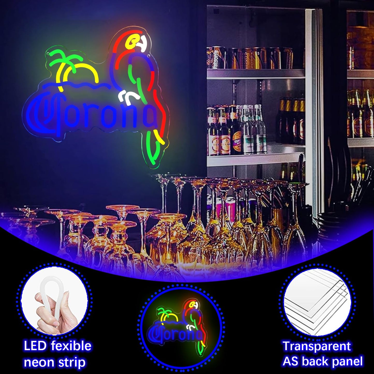 KODGGHK Coron Neon Sign Parrot Neon Lights for Bar Decor, Palm Tree Beer Lights Bar LED Neon Sign Dimmable Light Up Signs Man Cave Home Pub Beer Gift Neon Lamp (Blue)