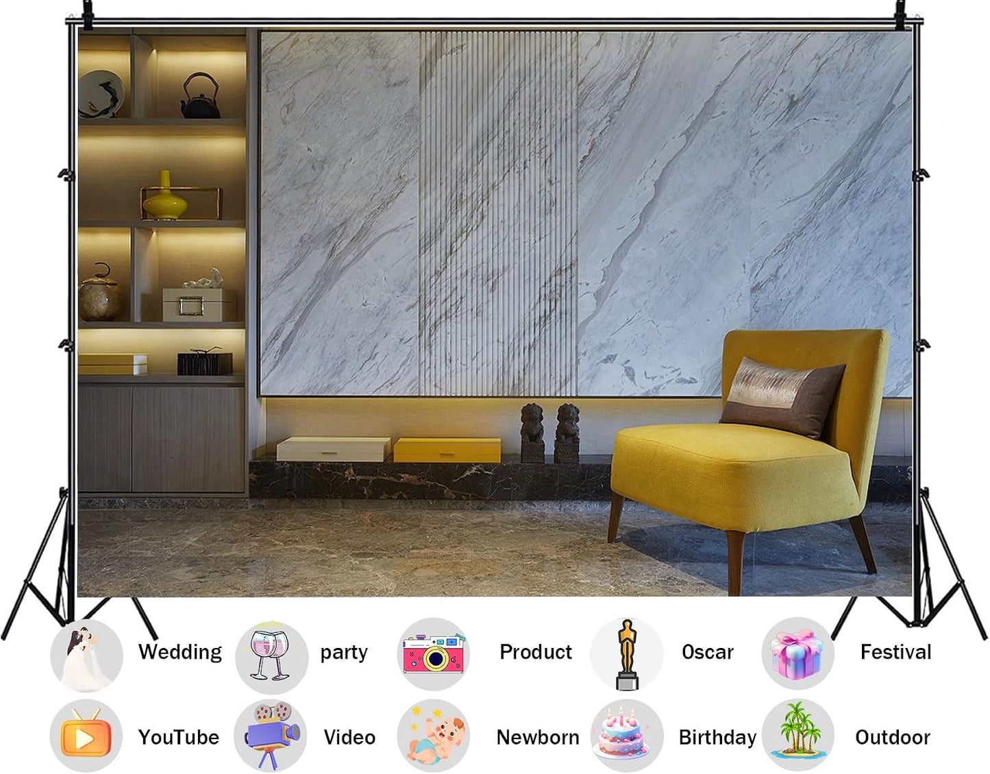 SHDASMIL 5X4ft Luxury Marble Wall Interior Backdrop Yellow Accent Chair Elegant Shelf Background Modern Asian Style