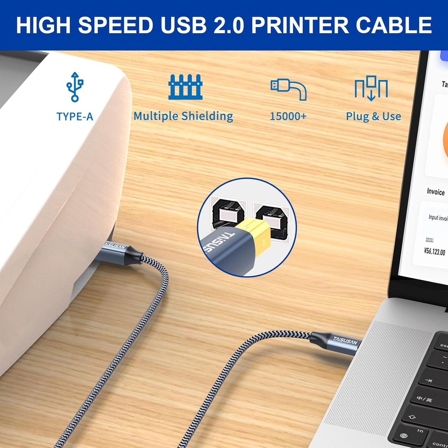 40ft, USB Printer Cable High Speed A to B Cord Compatible for Keyboard, MacBook, Printers and Scanners - Gray