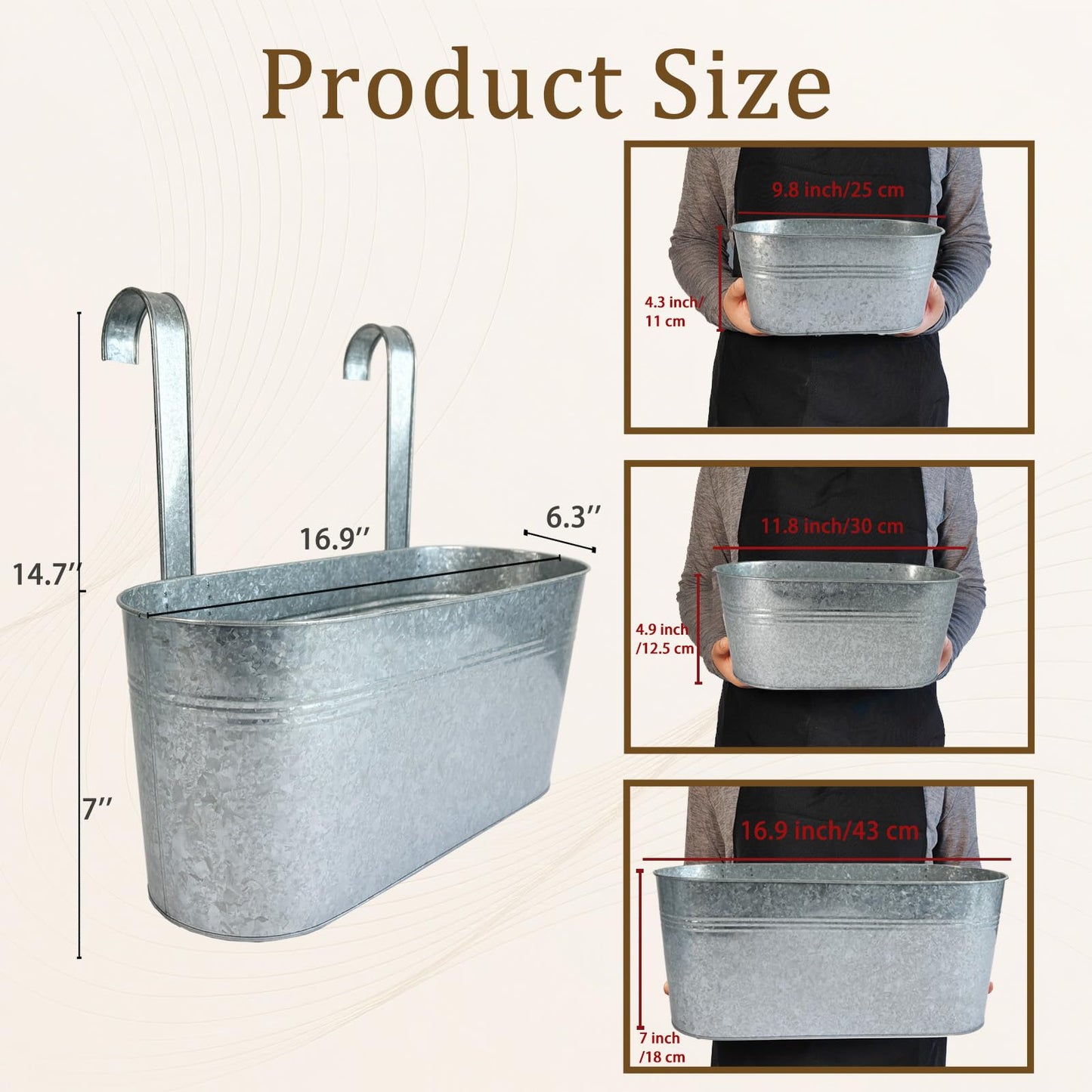 Joyfernal Balcony Galvanized Hanging Planters Railing Flower Pots, Outdoor Metal Fence Planter Pot with Detachable Hooks Drain Hole for Garden Patio Yard Decor (17 Inch, 6Pcs)