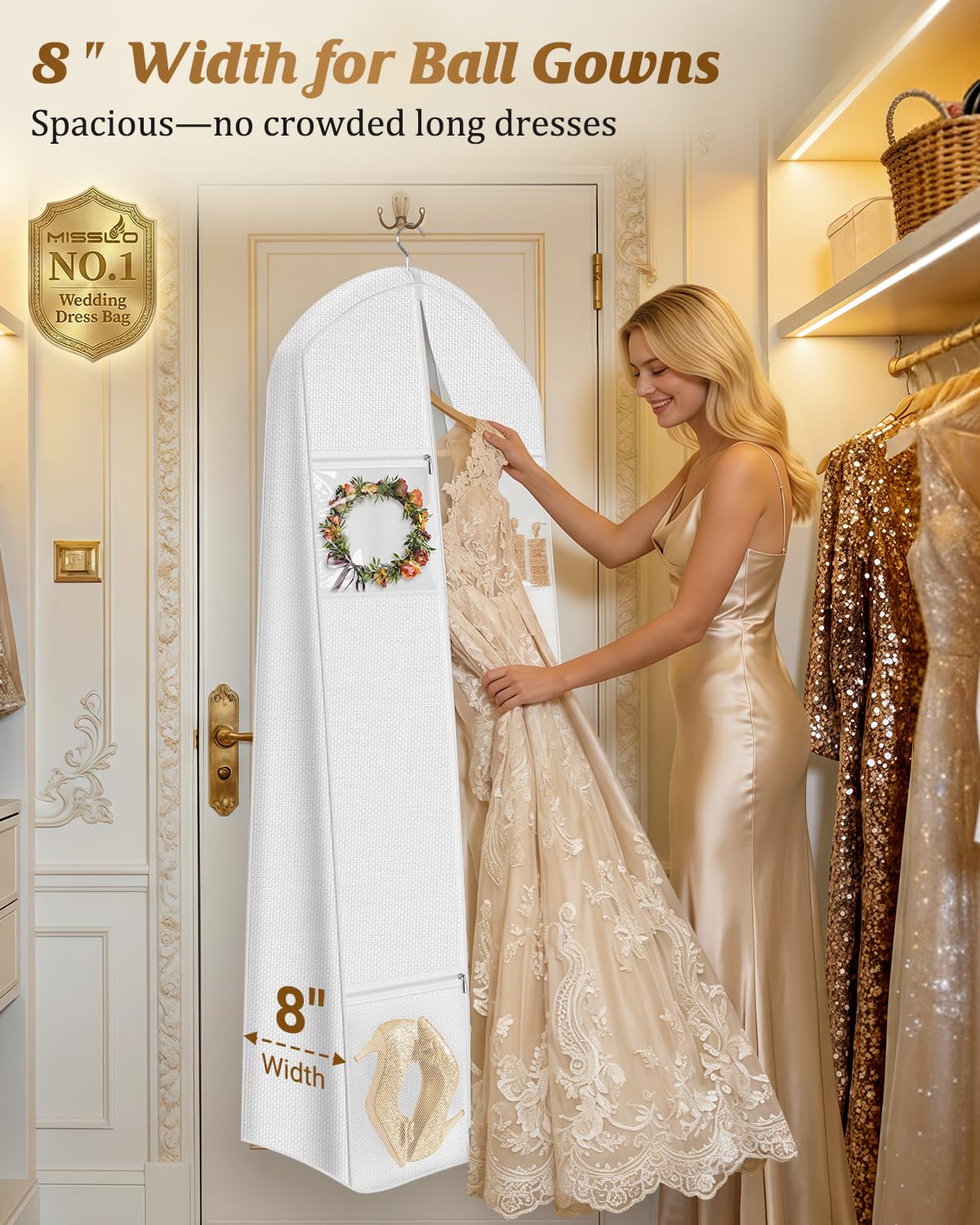 MISSLO Portable 70" Wedding Dress Garment Bag with Bride Tote Bag 8'' Gusseted Dress Bags for Gowns Long 4 Pockets Dress Cover for Women, White