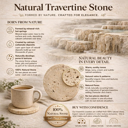 Travetine Round Marble Coasters Set of 6 with Holder, 3.5 Inch Drink Coasters for Tabletop and Coffee Table Decor
