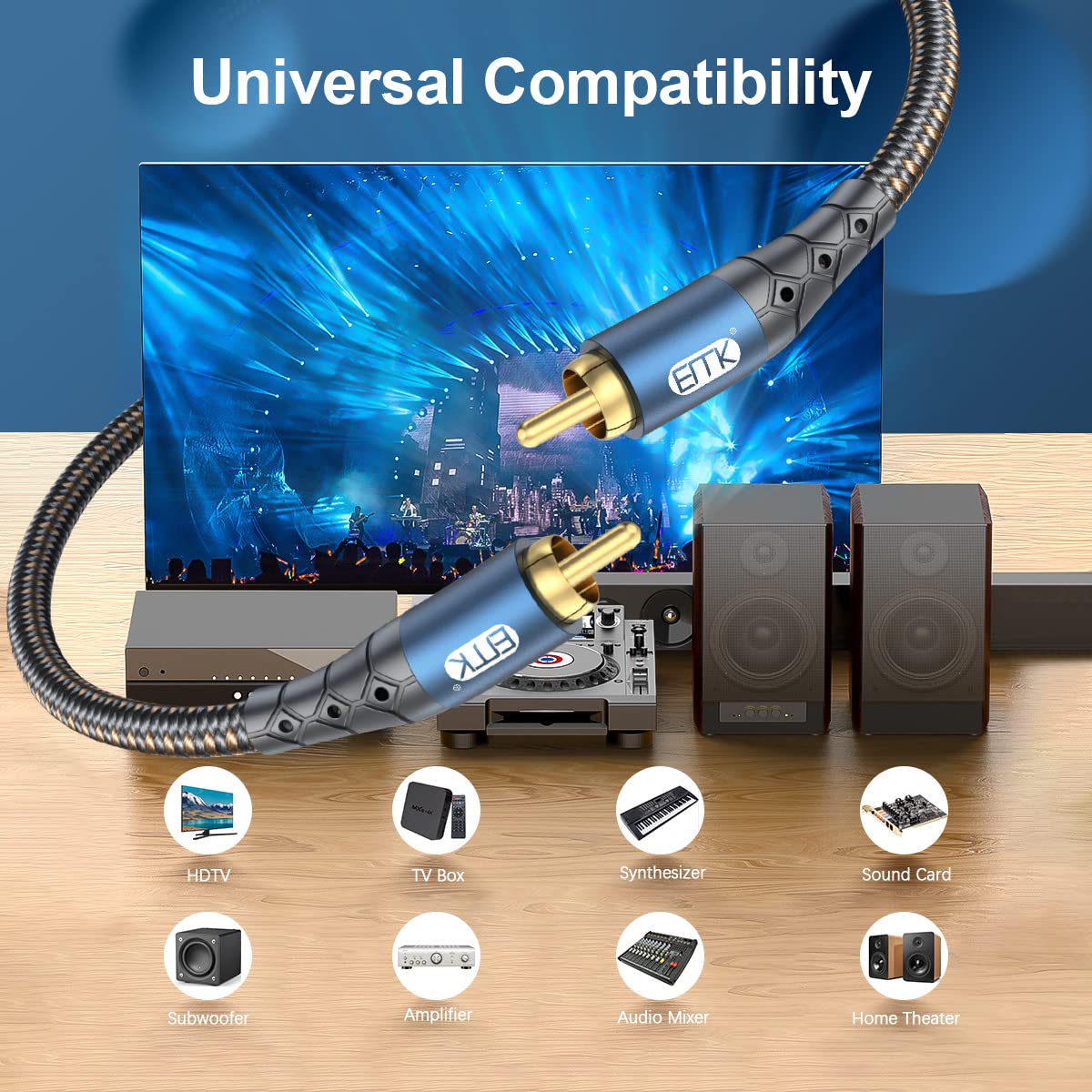 24K Systems,Subwoofer(6.6ft/2m) EMK Subwoofer Cable RCA to RCA Audio Cable Gold-Plated Nylon Braided Double Shielded