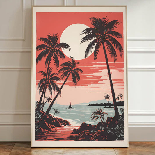 Vintage Seascape Wall Art Retro Beach Poster Palm Picture Tropical Tree Canvas Wall Art Ocean Sunset Artwork Hawaiian Landscape Painting Palm Tree Picture Tropical Sunset Decor Room 16x24in No Frame