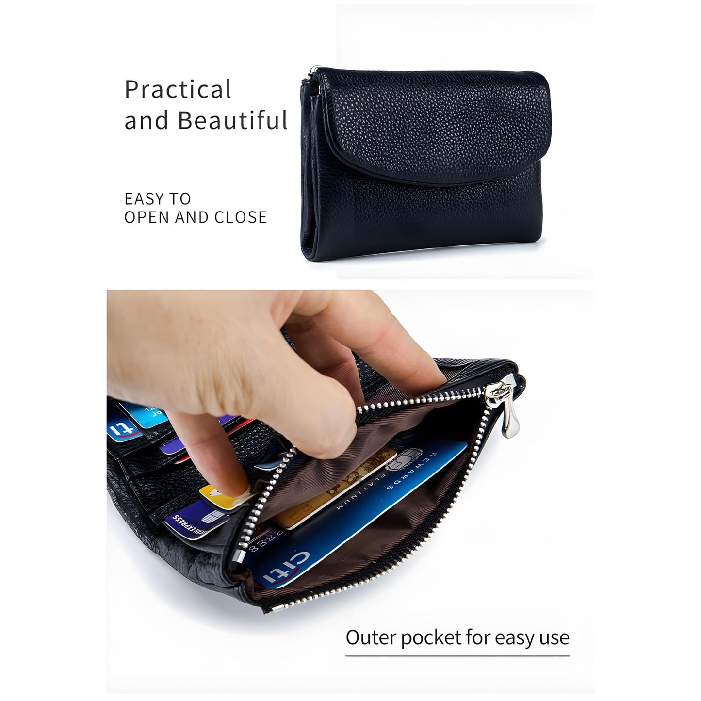 YRounee Genuine Leather Wallet for Women, Slim RFID Clutch with Coin Pocket, Soft Pebble Short Card Holder ID Case 5.3in (Black)