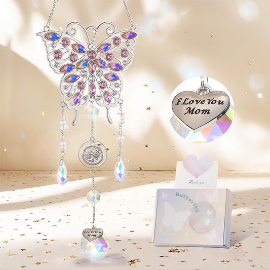 Emibele Mother's Day Crystal Suncatcher Gifts for Mom, Butterfly Suncatcher with Heart Charm I Love You Mom, Hanging Butterfly Home Window Decoration, Birthday Gifts for Women, Silver