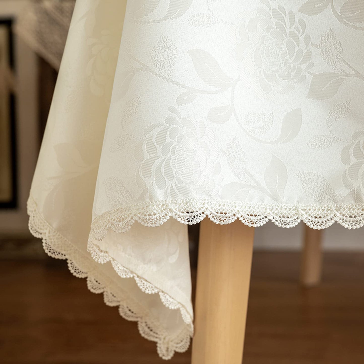 GLORY SEASON Textured Tablecloth Waterproof Spillproof Lace Trim Rectangle Jacquard Fabric Table Cloth, Kitchen Dinning Tabletop Decoration, Round Table Cover for Outdoor Use 55 x 70 Inch, Ivory White
