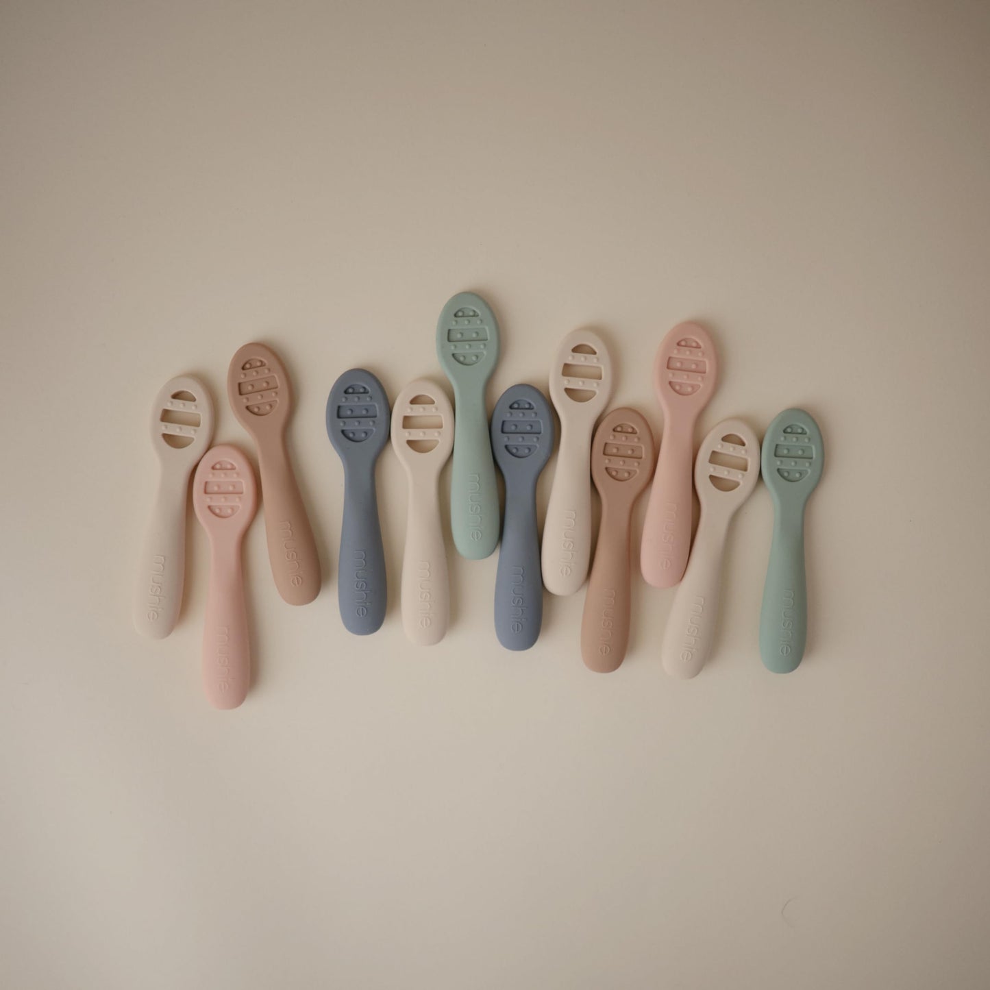 mushie Silicone First Feeding Baby Spoons | 2 Pack (Cambridge Blue/Shifting Sand)