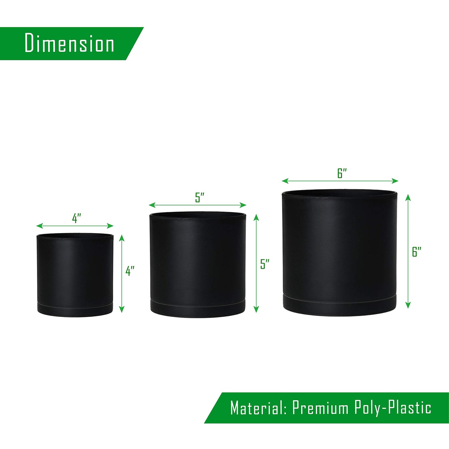 D'vine Dev 4 Inch 5 Inch 6 Inch, Set of 3 Plastic Planter Pots for Plants with Drainage Hole and Seamless Saucers, Black Color, Small, 74-V-B-1
