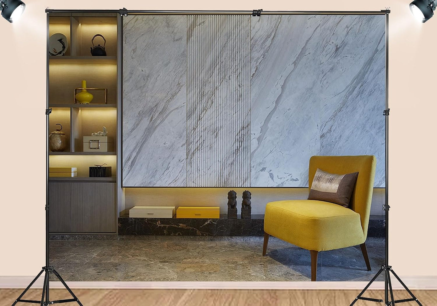 SHDASMIL 6X6ft Luxury Marble Wall Interior Backdrop Yellow Accent Chair Elegant Shelf Background Modern Asian Style