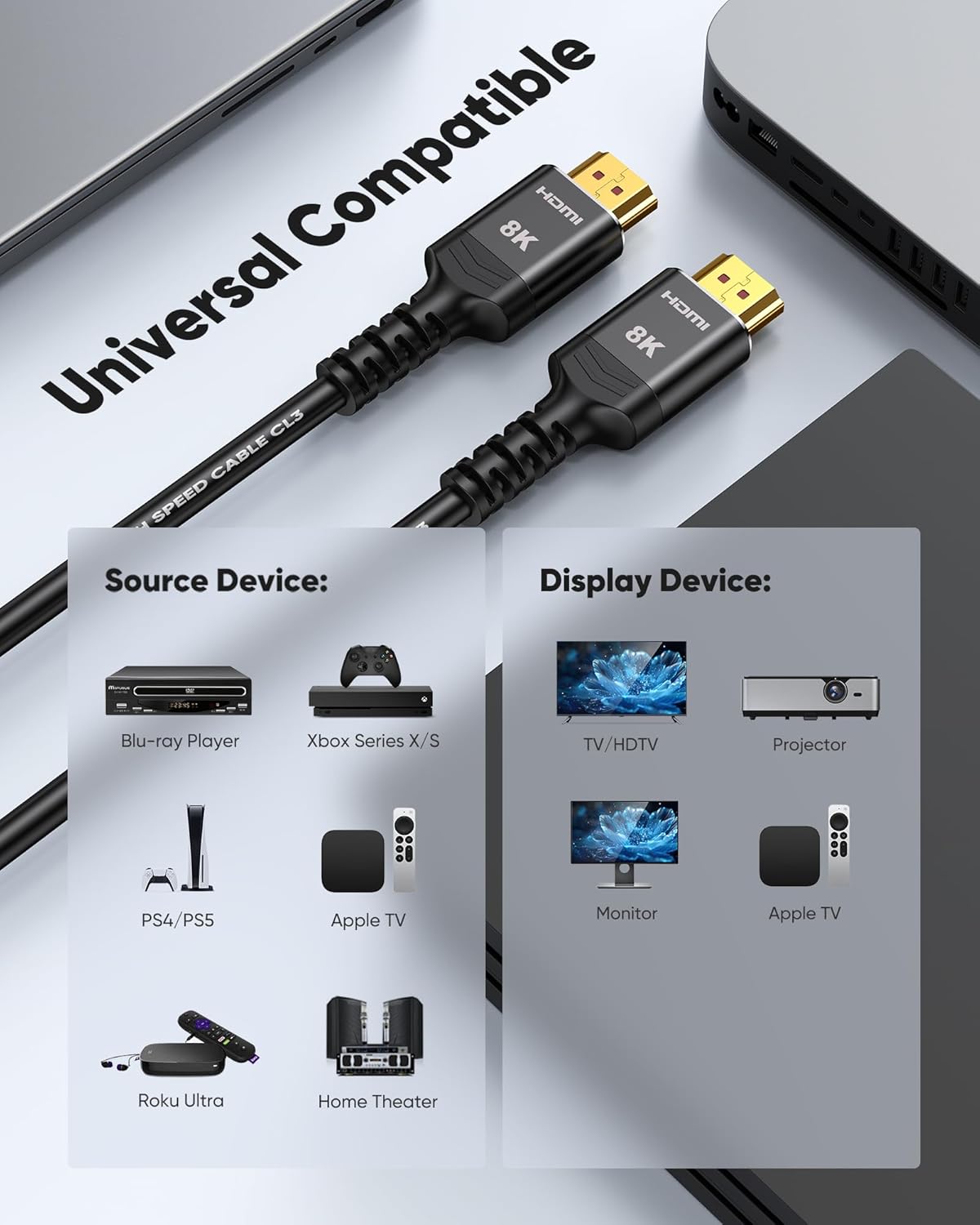 10K 8K 5FT, 4K@120Hz 144Hz 2.1 48Gbps, Highwings HDMI Cable HDMI Cord Ultra High Speed Durable, Flexible, for Gaming