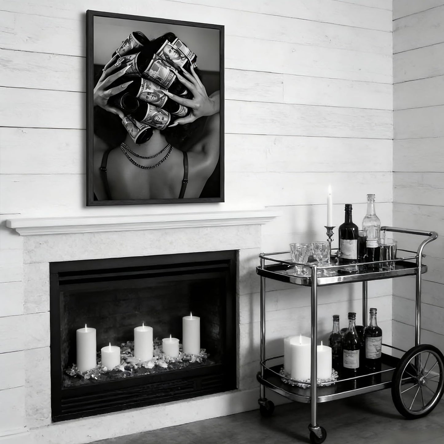 Framed Black and White Fashion Canvas Wall Art Luxury Feminist Picture Wall Decor Trendy Woman with Money on Head Poster Print for Girls Bedroom Apartment Dorm Bar Cart Home Decoration 12x16in