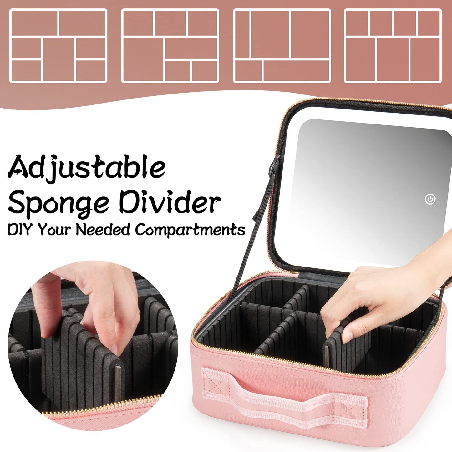 Extrei Gent Makeup Travel Train Case with Mirror LED Light 3 Adjustable Brightness Large Cosmetic Bag Portable Storage Adjustable Partition Waterproof Makeup Brushes Make up Jewelry Gift for Women