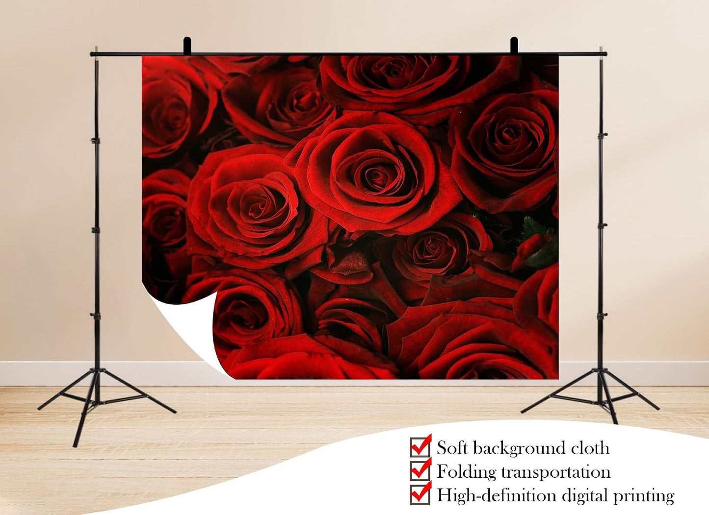 UPXIO 7x7ft Luxury Red Rose Bouquet Backdrop Dense Floral Blooms Photo Background Tapestry for Wedding Anniversary