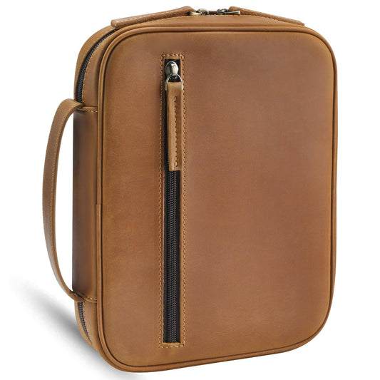 Jack&Chris Full Grain Leather Bible Covers, Church Bag Bible Protective Book Holder, Large Bible Cover for Men Women, Bible Carrying Case Folder Organizer with Handle, Christian Art Gifts, Brown