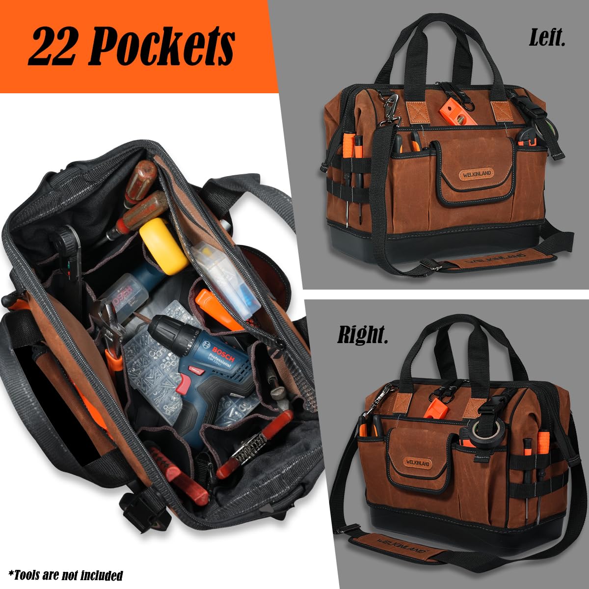 WELKINLAND 22-Pockets Hard Bottom Tool Bag, 14-Inch Waxed Canvas Tools Bag, 25L Heavy Duty Electrician Bags, HVAC Service Bags, Mechanic, Technician Tool Bag