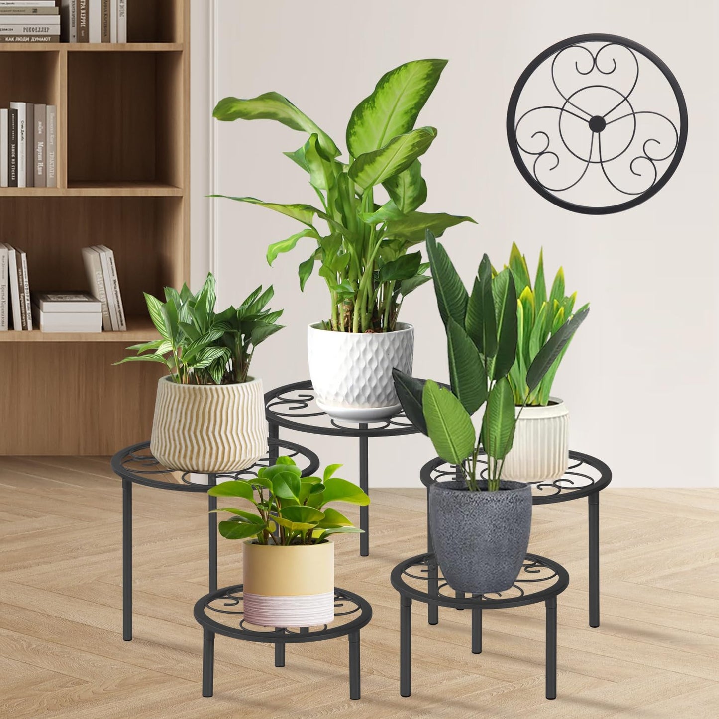 mekpiwu 5-piece set of metal plant potted flower racks, heavy-duty flower pot plant racks of different sizes, iron flower racks, suitable for indoor and outdoor home decoration (Black) (5, Black)