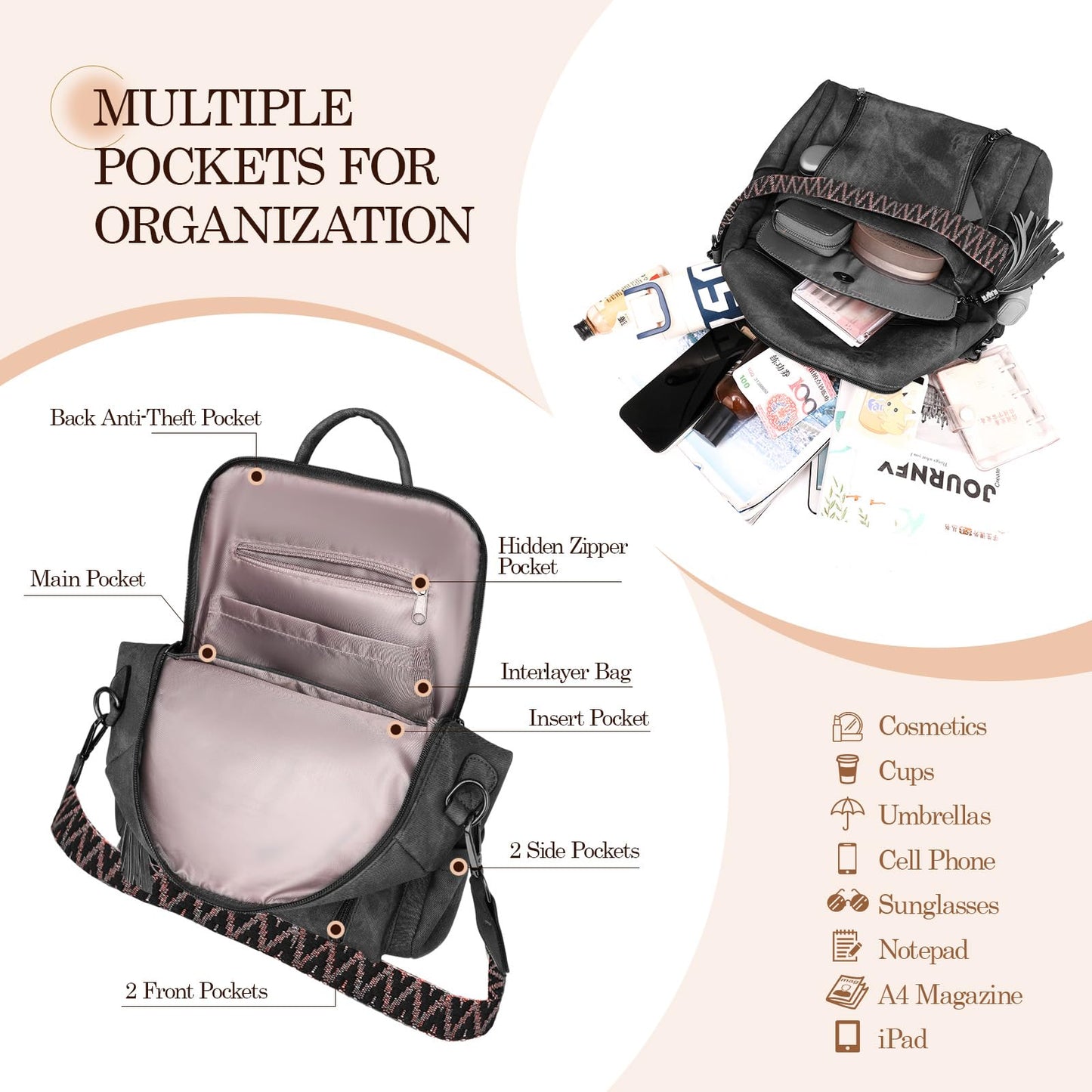 ROOSALANCE Backpack Purse for Women Pu Leather Backpack Fashion Ladies Shoulder Bag Handbags for Travel Daily Use, Black