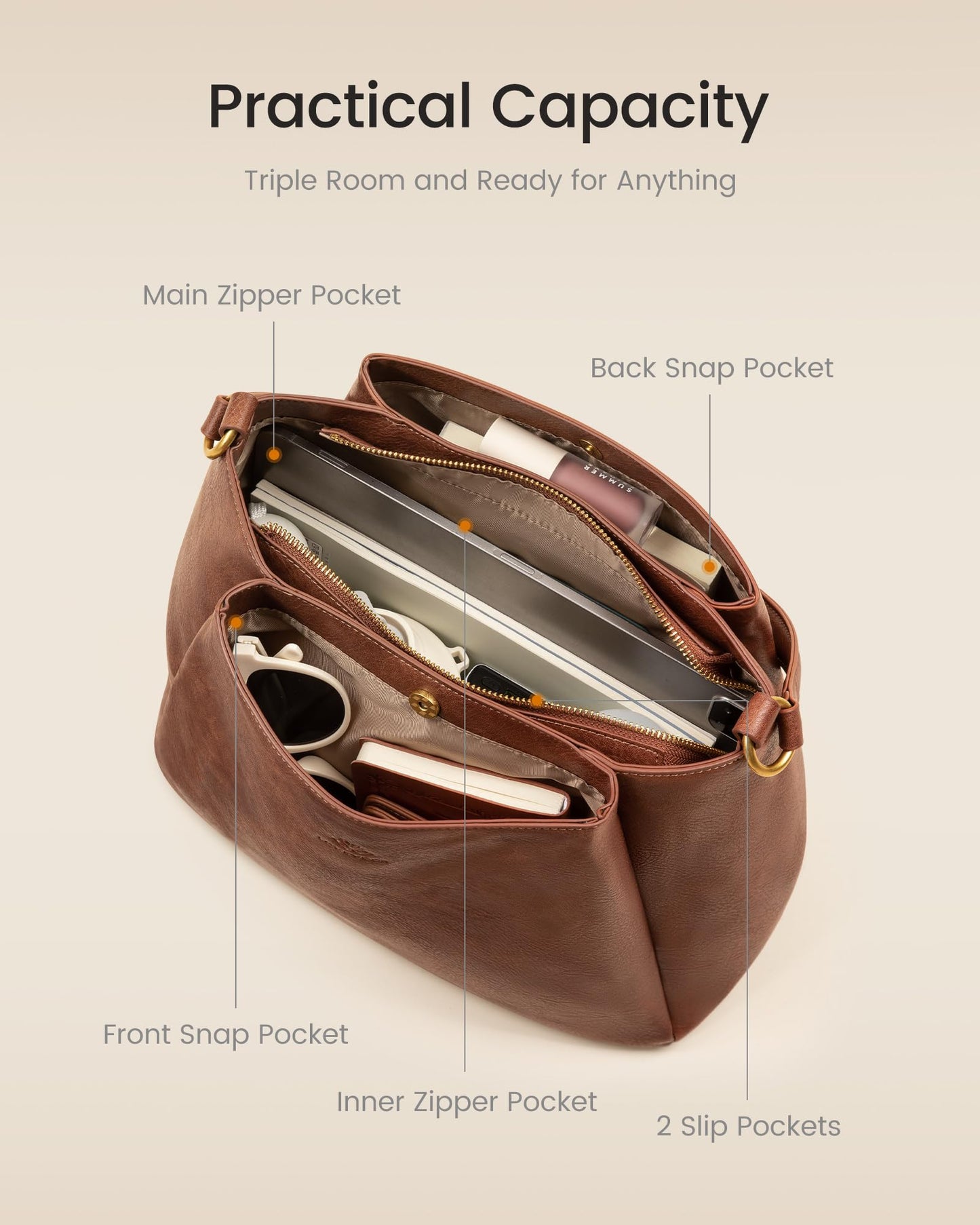 LOVEVOOK Hobo Crossbody Bag for Women with Three Large Compartments, Waterproof Shoulder Handbags Purse for work shopping travel