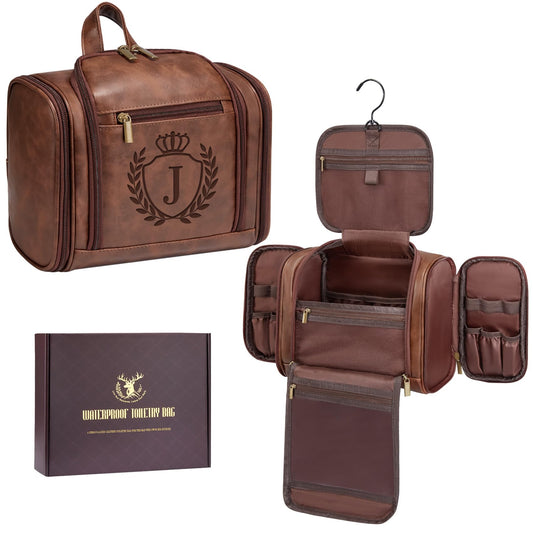 Aganmi Personalized Fathers Day Birthday Gifts for Husband Dad Grandpa Papa from Daughter Son, Unique Mens Large Leather Travel Toiletry Bag Hanging Shaving Dopp Kit Bathroom Shower Cognac Letter J