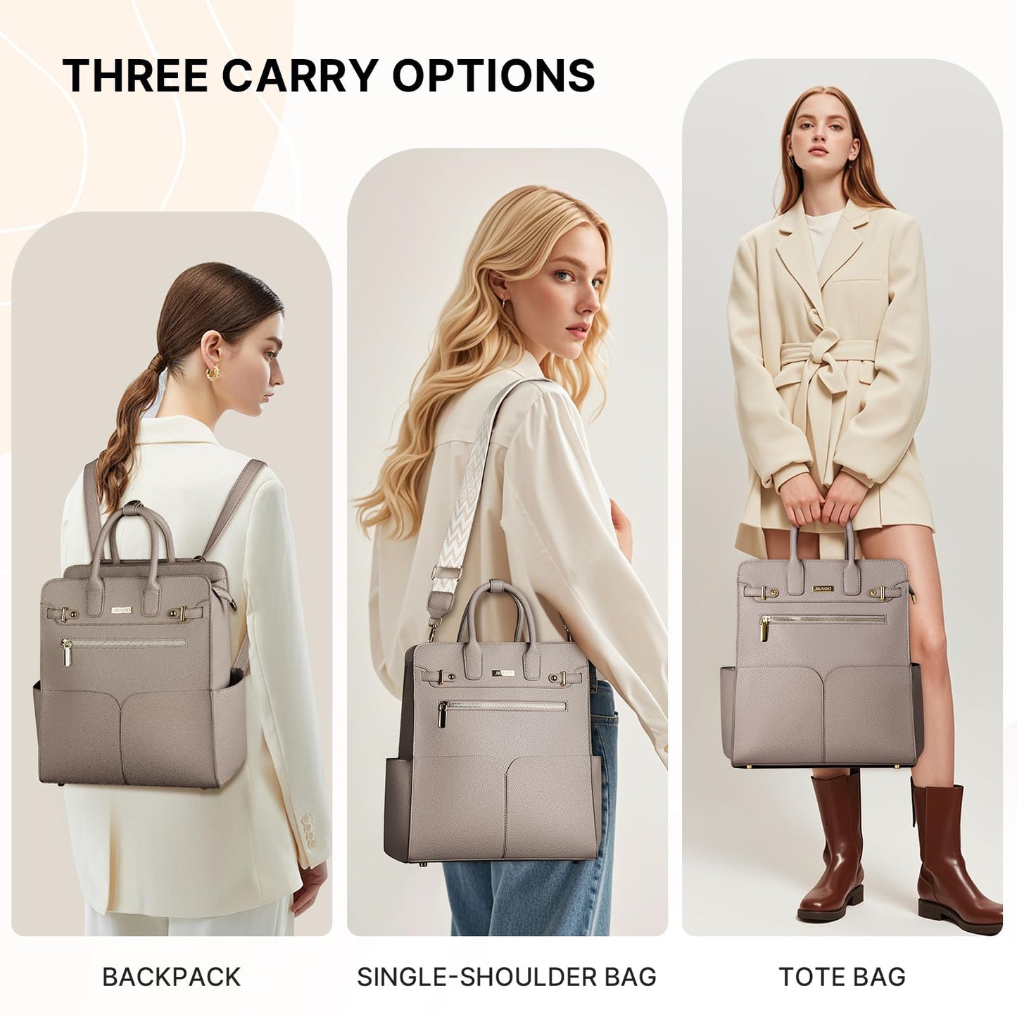 JKAOO Backpack Purse for Women PU Leather Travel Backpack, 4 in 1 Designer Convertible Backpack Purse with Removable Strap (Beige)