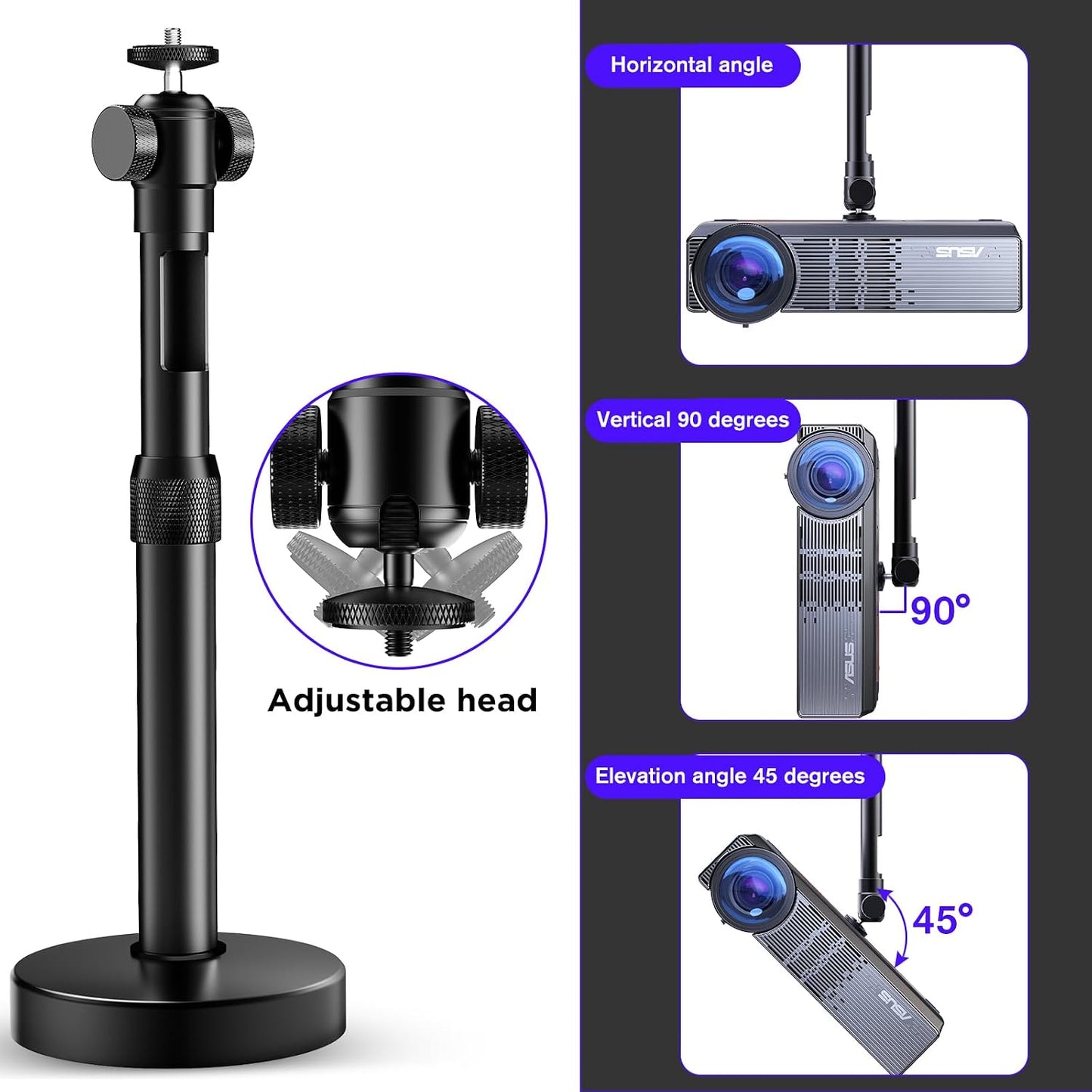 DAWASAPAT 360 90 9"-15" -Inch Ceiling Projector Mount Bracket Matte Black, Rotation & Tilt, Adjustable Length, Screw