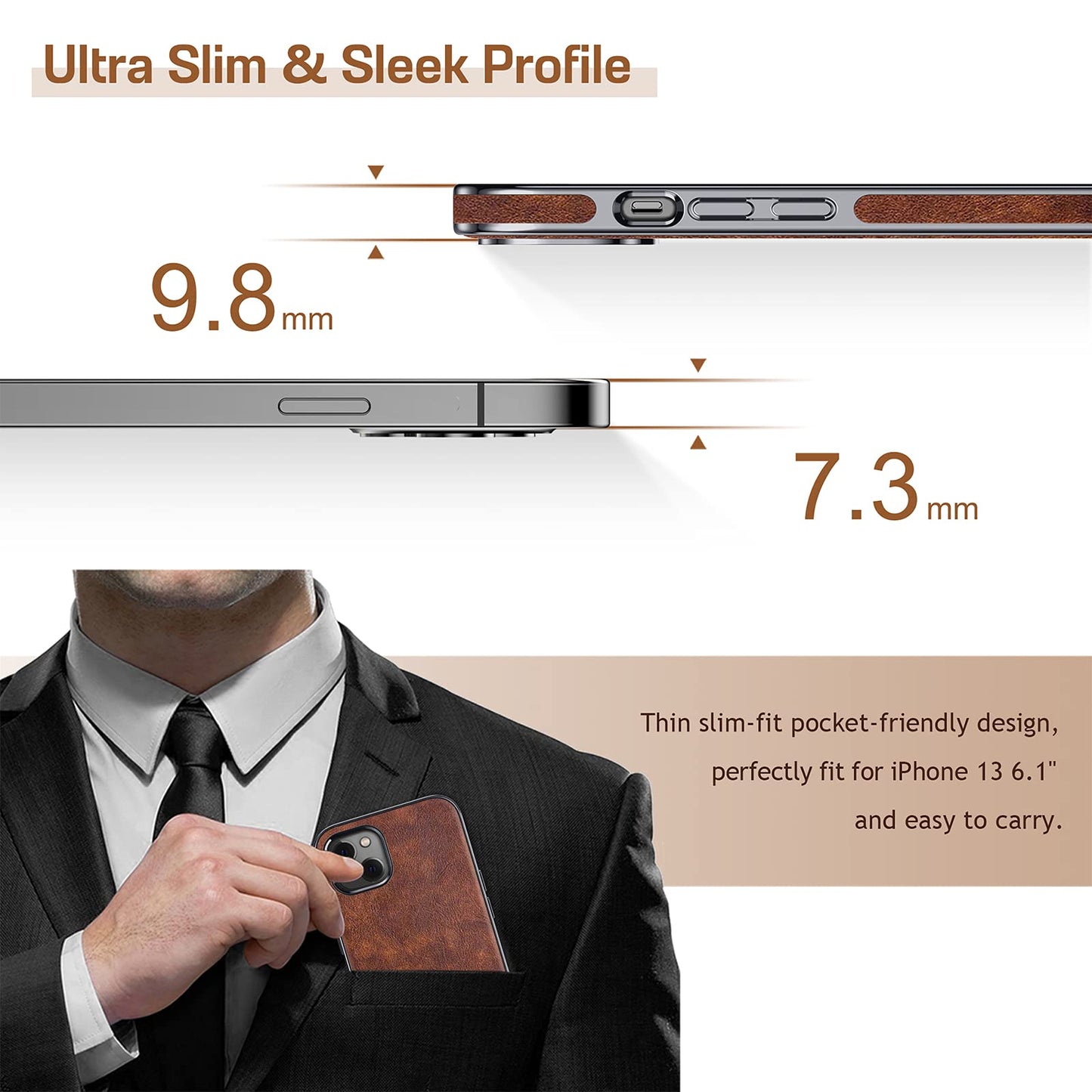 LOHASIC for iPhone 13 Case 6.1 inch, Premium Leather Slim Luxury PU Soft Non-Slip Grip Flexible Bumper Shockproof Full Body Protective Cover Phone Cases for iPhone 13 5G (2021) - Vintage Brown