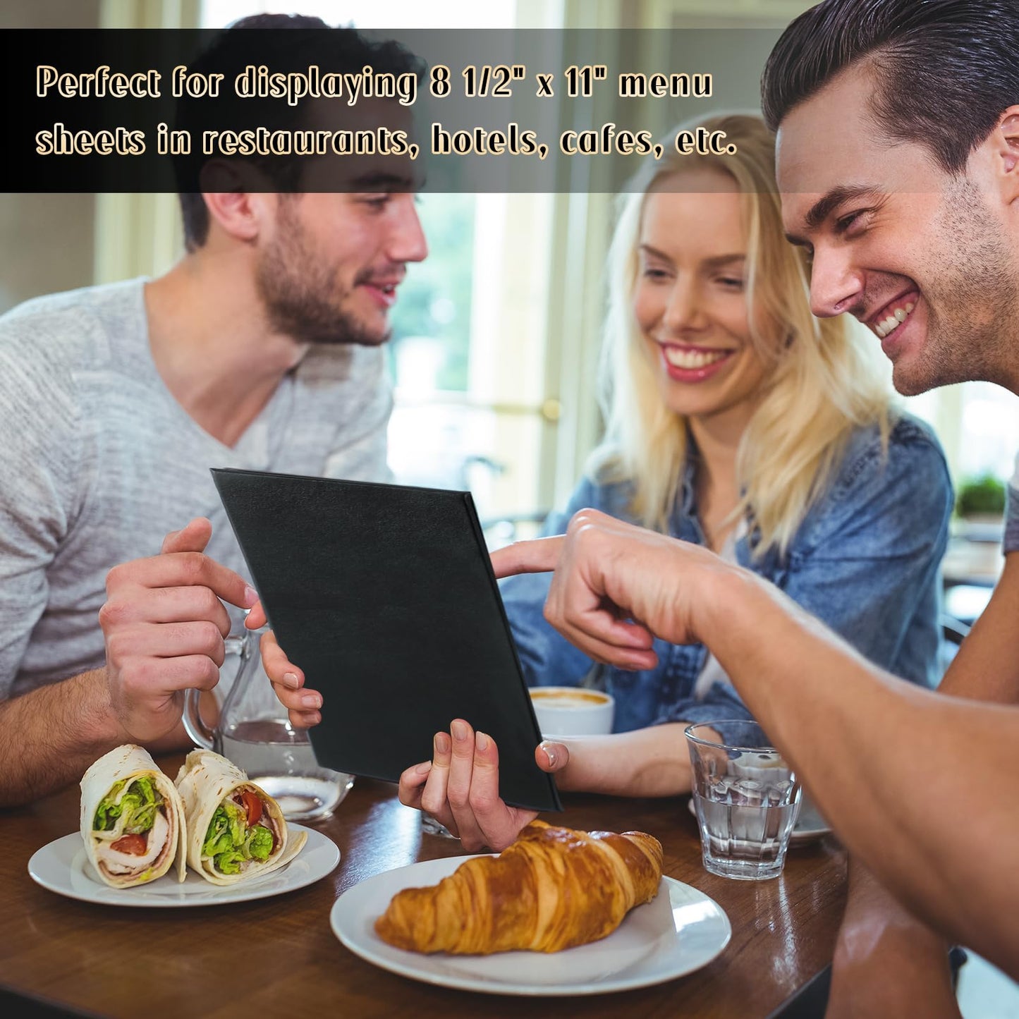 FLKQC Restaurant Menu Covers Holders 8.5" x 11" | Pack of 10 Synthetic Leather Double Fold Panels 2 View with PVC Cover for Wine List, Drinks (10, Double Fold Panels 2 View (8.5 x 11 inch))