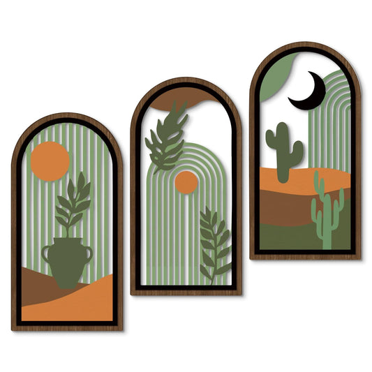 Putuo Decor Boho Wall Decor with Cactus, Modern Wooden Minimalist Wall Decor, Abstract Green Room Decorations 16x8 In Mid Century Artwork for Living Room Bedroom Office in Desert Green Set of 3