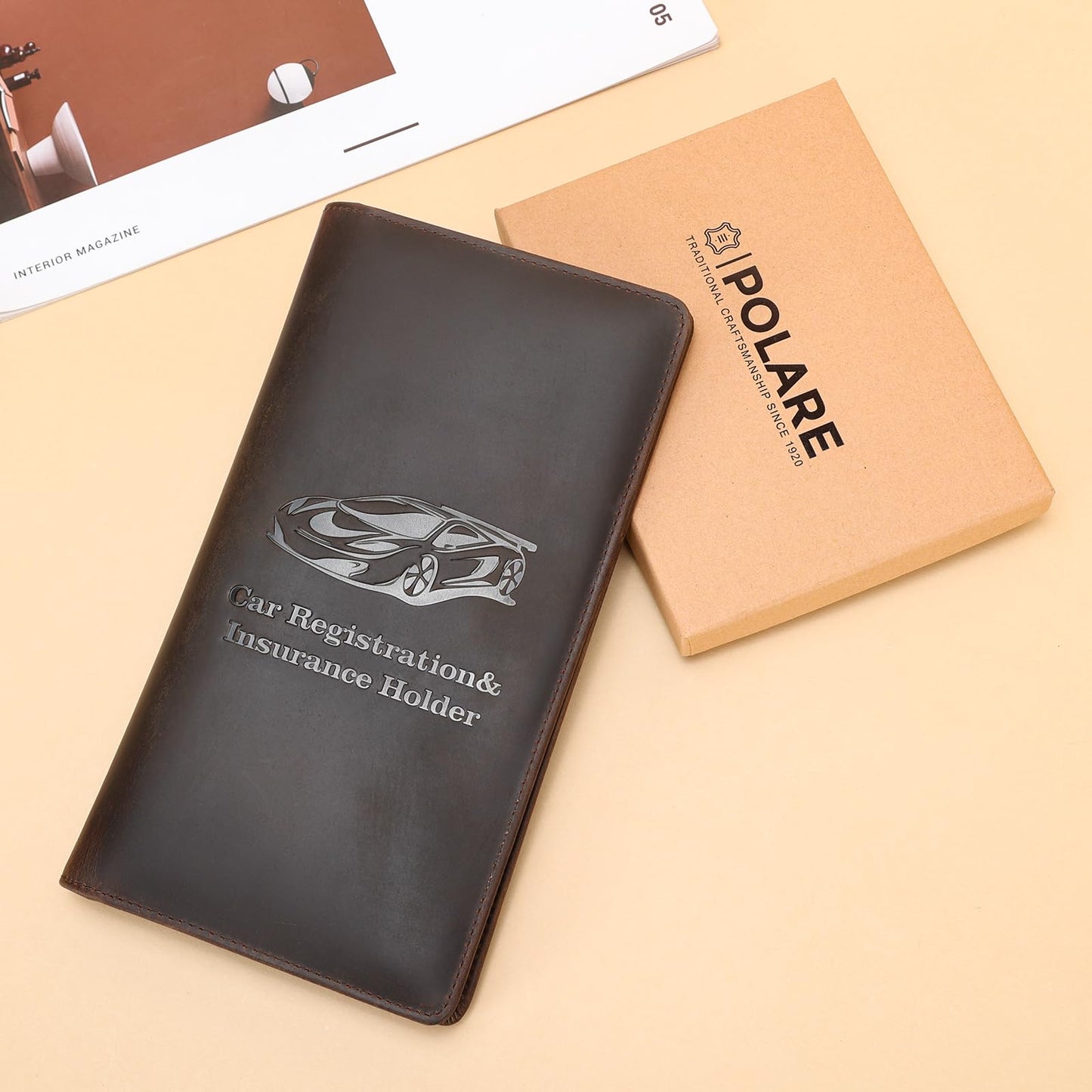 Polare Vintage Full Grain Leather Car Registration and Insurance Card Holder, Vehicle Glove Box Organizer Car Essentials RFID Wallet Case for Driver License, Cards & Documents
