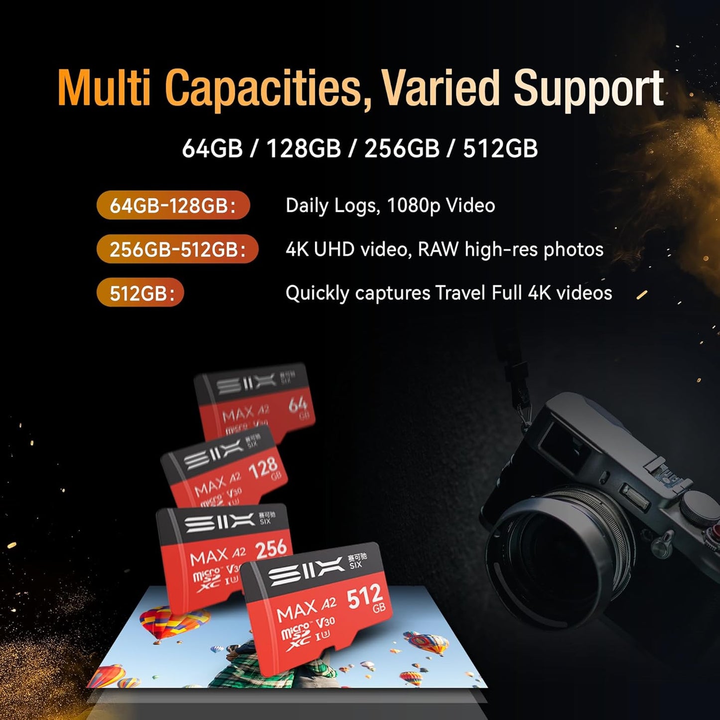 SIX M200 64GB 190MB/s 4K A2, U3, V30 64GB Micro SD Card Read Up to for UHD Continuous Recording - microSDXC Memory Card