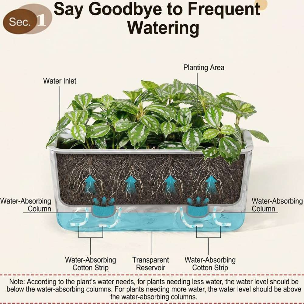 Qimodo 3 Pack Self Watering Rectangular Plant Pots, 11" x 5"x 5" Plant Containers with Drainage Holes, Rectangle Houseplant Window Planters for Succulents, Flowers,Herbs,Vegetables (Off-White)