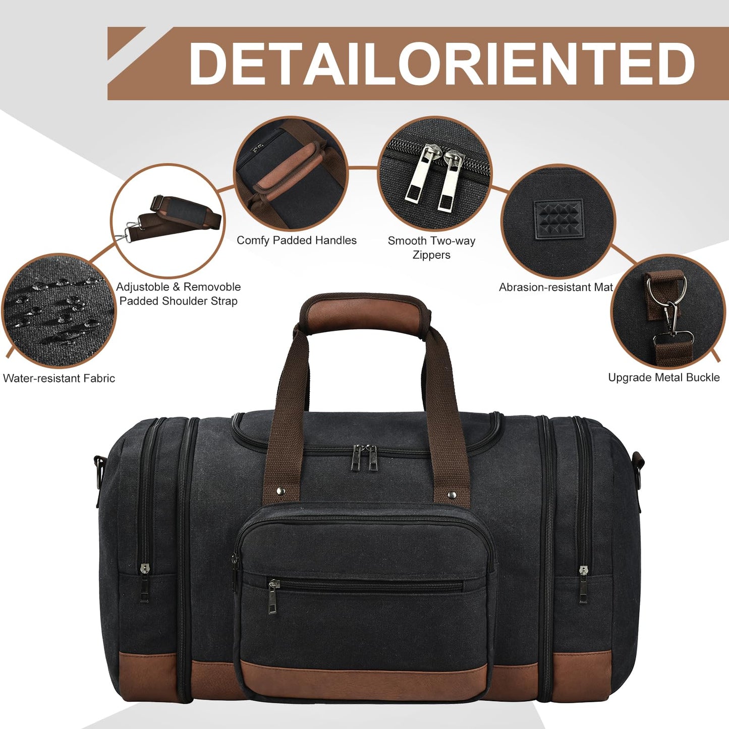 Litvyak Duffle Bag for Travel, Large 60L Canvas Travel Duffel Bags Overnight Weekend Gym Carry On Luggage Bag for Men & Women(Black)