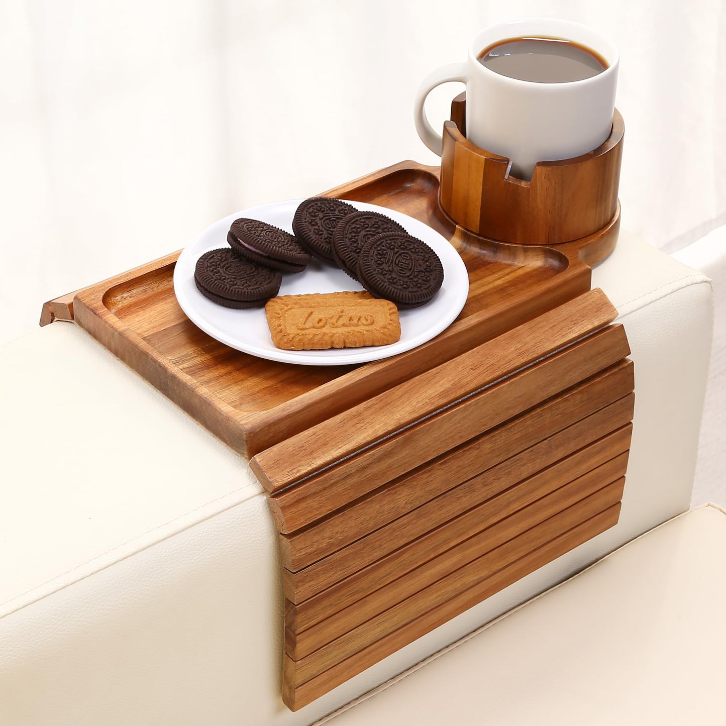 SINWANT Couch Cup Holder Tray,Acacia Wood Sofa Arm Clip on Tray Table with 360° Rotation Cup Holder,Foldable Anti-Slip Couch Armrest Table for Coffee Mug,Water Bottles,Snacks,Remote on Large Armrest