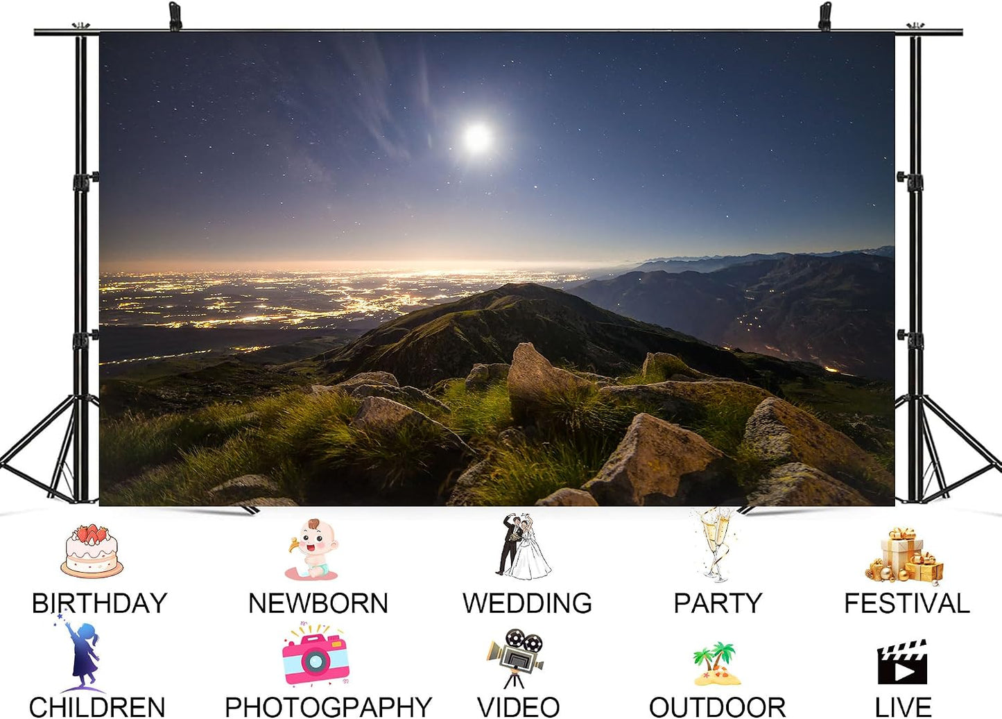 UPXIO 8x8ft Mountain Night View Backdrop with City Lights and Dark Sky Photo Background Tapestry for Evening