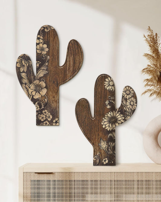 Putuo Decor 2 Pieces Aztec Cactus Decor, Farmhouse Wall Decor, Rustic Flower Patterns Wood Home Decor for Living Room, Bedroom, Bathroom, Western Decor