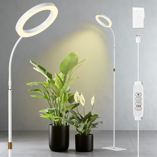 LPMZMBL One Head Grow Light for Indoor Plants Full Spectrum - Floor Standing Plant Lamp with Auto Timer 6/12/18H, 5-Level Dimmable & Adjustable Height 16.5-68in for Large Tall Plants | White