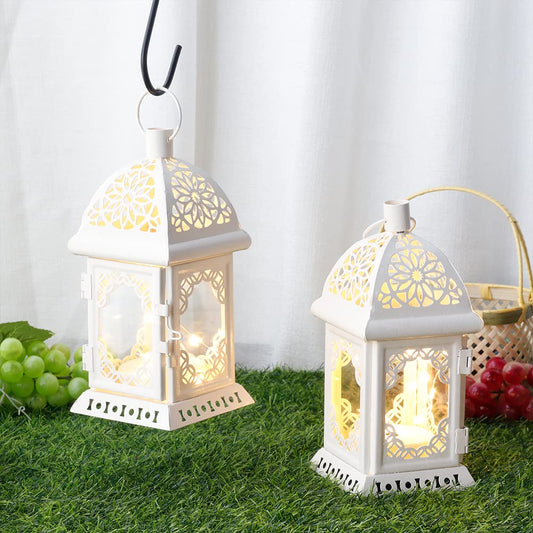 TRIROCKS Set of 2 Vintage Decorative Lanterns 7.5''H Battery-Operated Metal Hanging Lanterns with Fairy String Lights for Indoor & Outdoor Home Decor, Living Room, Parties & Events - White