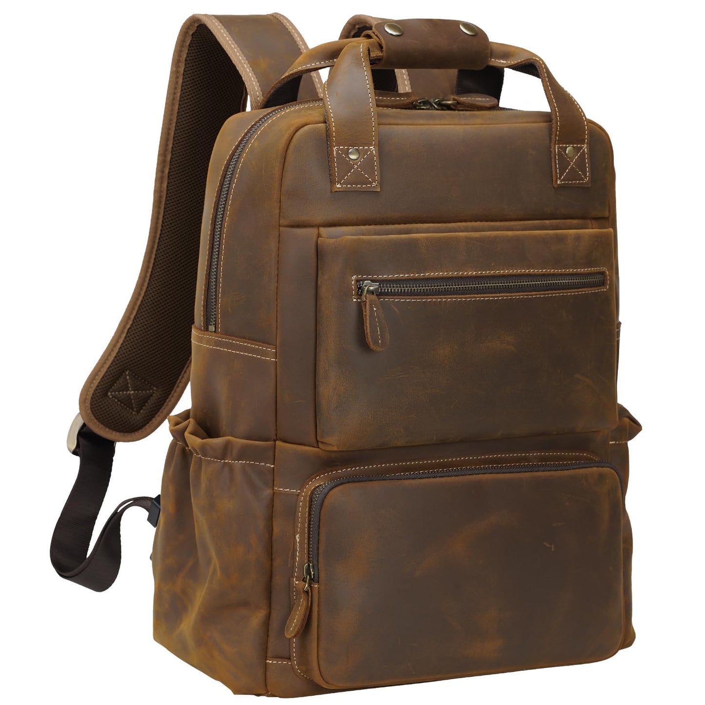 TIDING Brown Leather Laptop Backpack for Men, Vintage Business Casual Daypack Fits 15.6" 16" Computer, Large Weekender Travel Back Pack