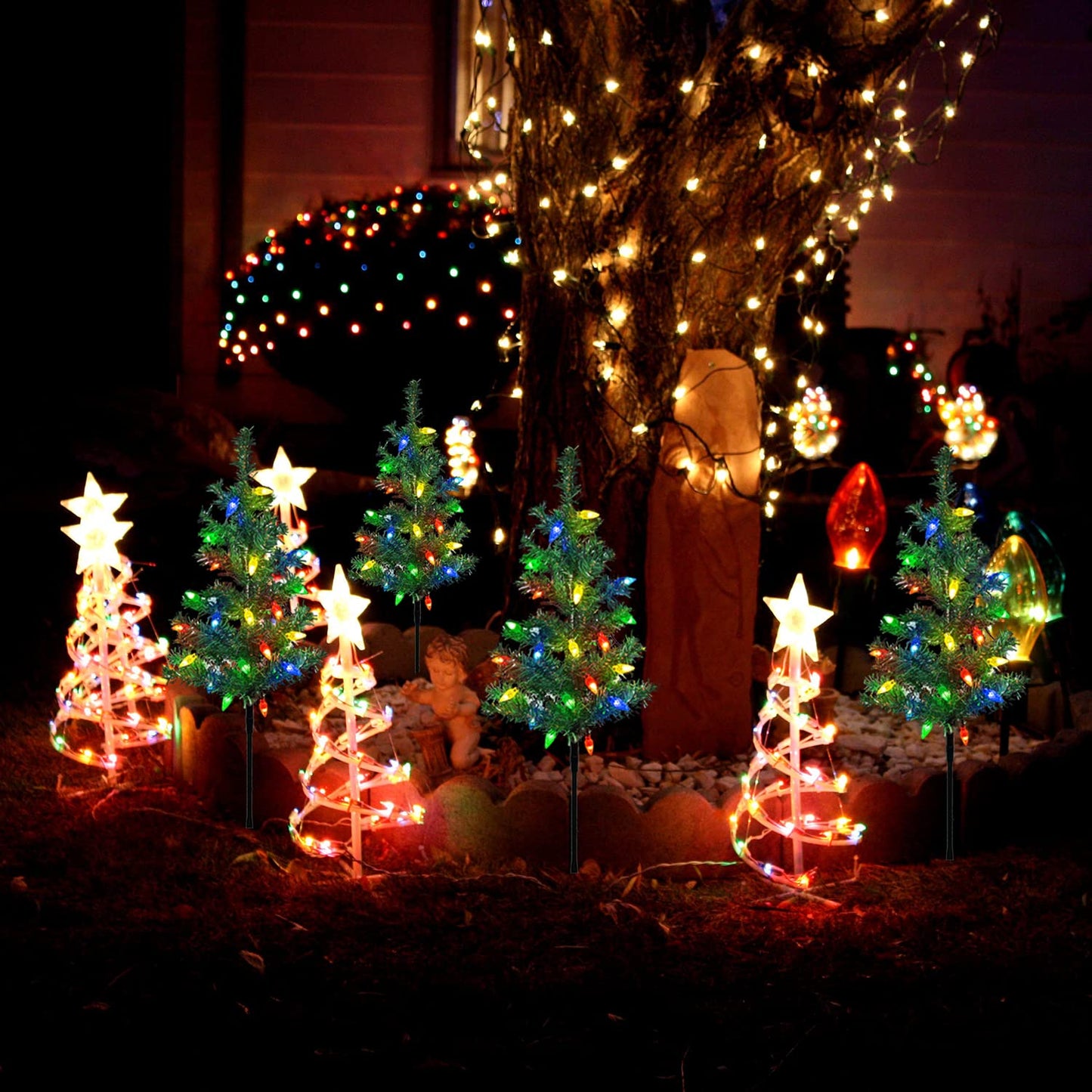 Windpnn Upgraded 4-Pack Solar Christmas Garden Stake Lights, Decorative Xmas Tree Solar Christmas Yard Stake Outdoor Waterproof Pathway Lights for Garden Patio Yard Decorations