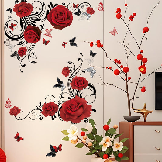 Rotamora Red Rose Wall Decals Watercolor Floral Wall Stickers Spring Large Roses Butterfly Flower Removable Art Decal Delicate Peel and Stick Stickers for Living Bedroom TV Back Wallpaper Decoration