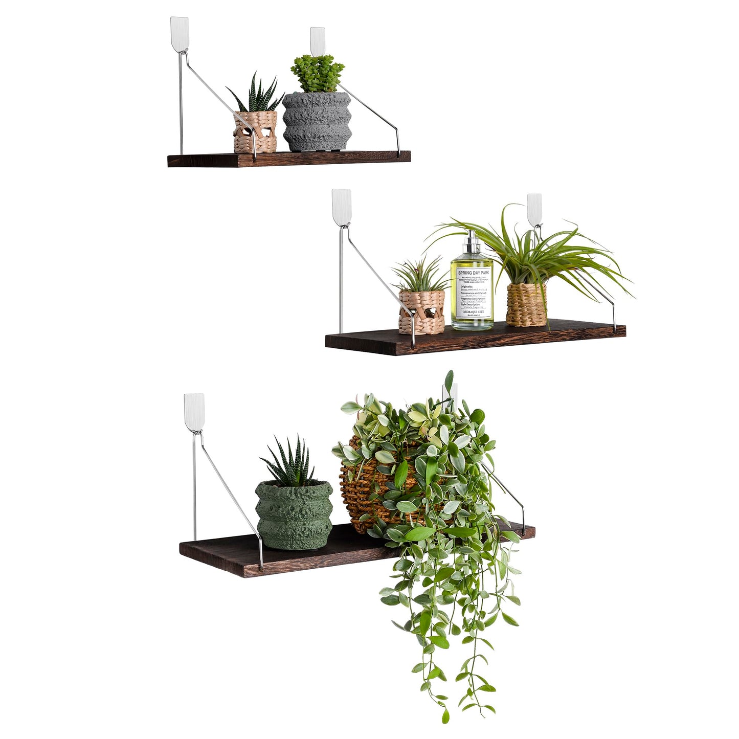 MITIME Floating Shelves Set of 3 Rustic Solid Wood Floating Shelf Wall Storage Shelves for Living Room, Bedroom, Bathroom, Kitchen Laundry, Office.no Drill Shelf.(Retro Color L+M+S)